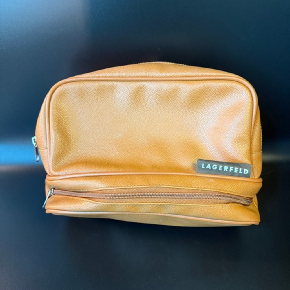 Lagerfeld‎ Tan Pebbled Faux Leather Toiletry Dopp Kit Bag Mens One Size